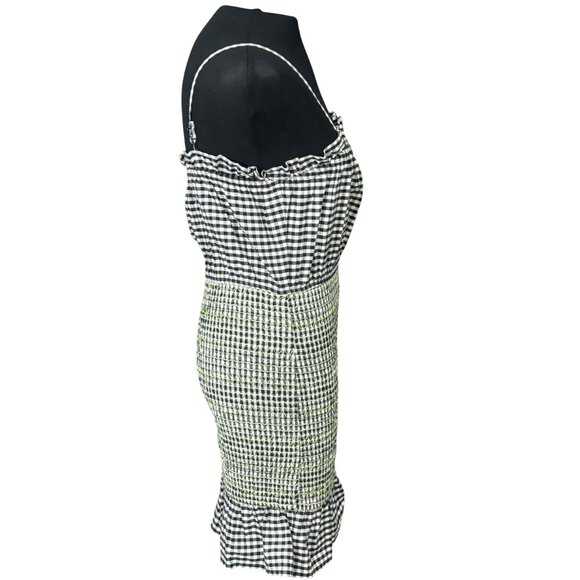 Urban Outfitters Gingham & Tweed Ruffled Mini Dress M Black/White/Green - Picture 2 of 6